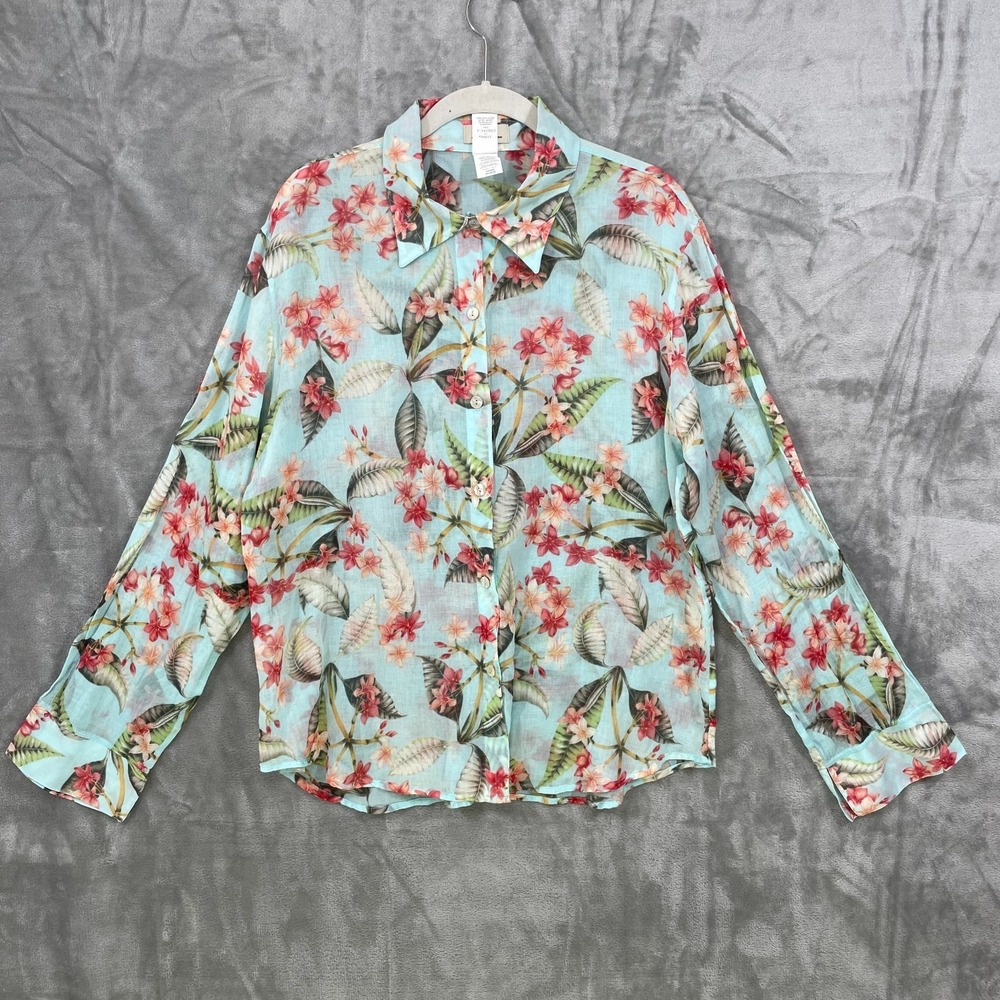 Tommy Bahama Women's Large Tropical Floral Cotton Button Blouse Blue Semi Sheer